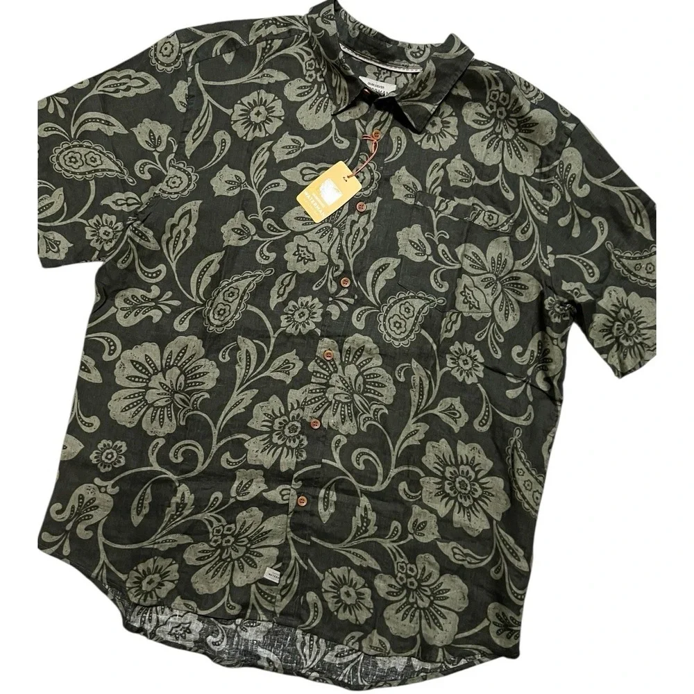 NWT Quiksilver Waterman Shirt S/S Mens 2XL Linen‎ Green Floral Paisley MSRP $65